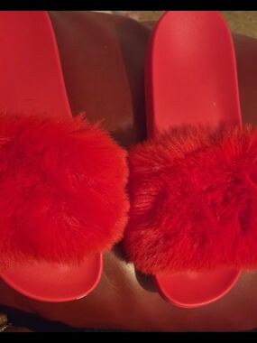 Faux Fur Slide Sandals - Red